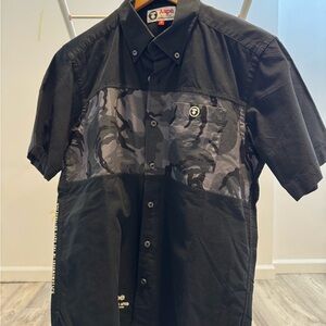 Aape by A Bathing Ape Black Short Sleeve Button-Down with Camo Panel